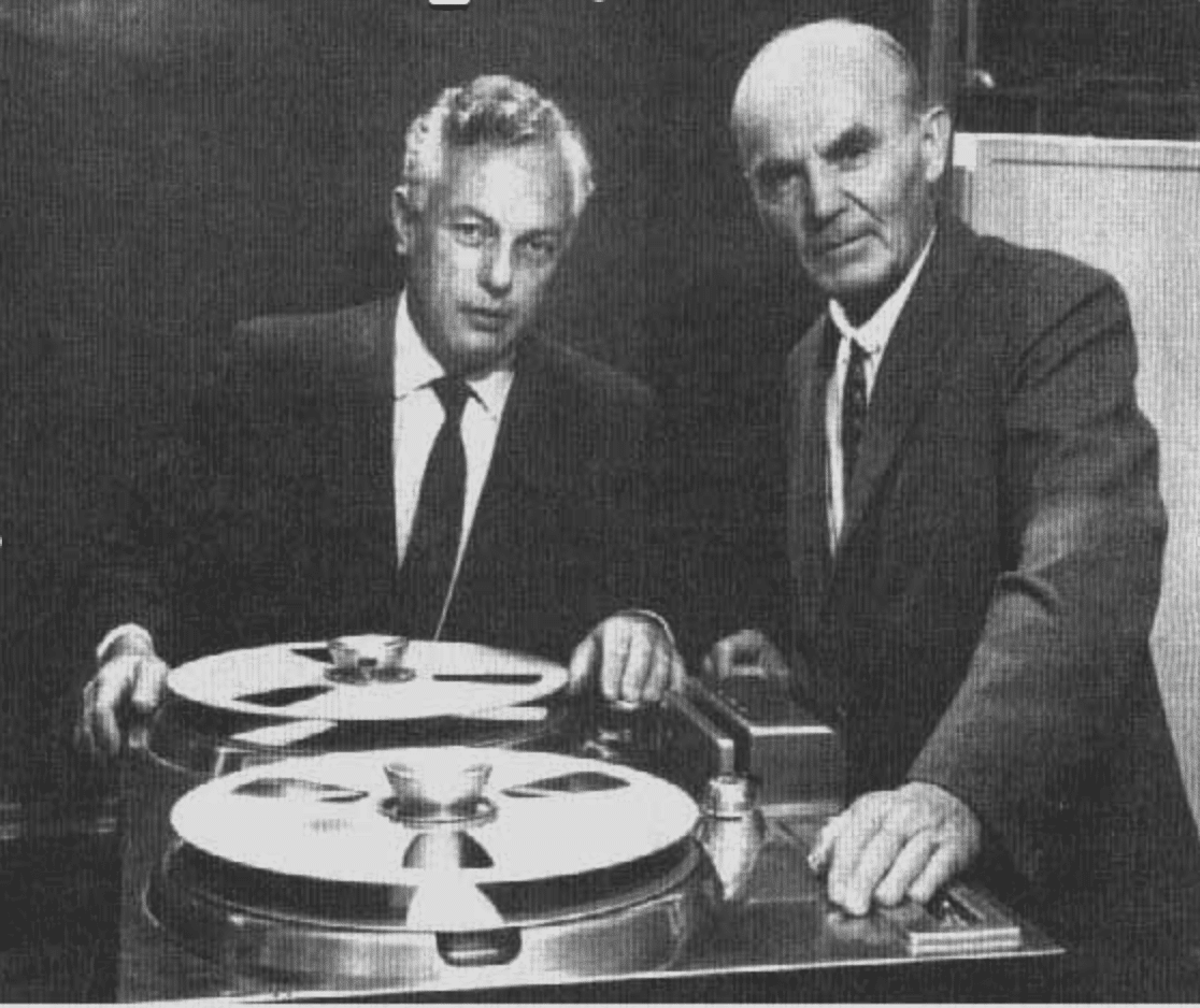 Alezander Poniatoff and Harold Lindsay with the first Ampex 200 recorder. (Ampex)