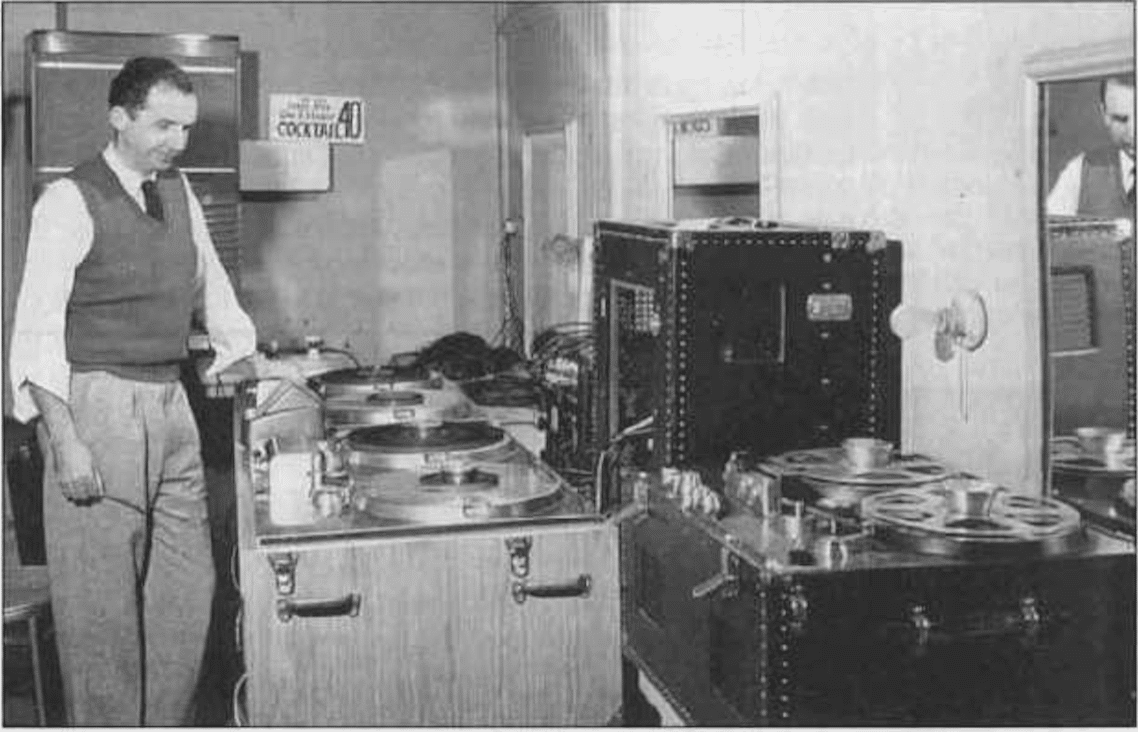 This image from early 1949 shows Jack Mullin in the ABC control room (in NBC) with the first two and only portable Ampex 200 recorders. There also is the first Ampex 300 recorder. (Eve Mullin Collier/Mullin)