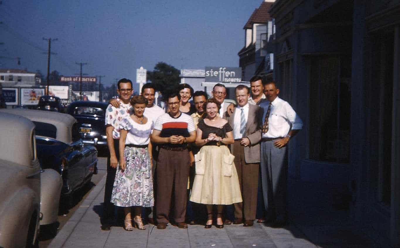 Most of the staff of the Bing Crosby Enterprises Electronic Division in the Spring of 1953 (Sunset Boulevard looking east). (back l-r) Chester Shaw, Ed Corey, Mary Jane Snavley, Unknown, Frank Healy and Wayne Johnson (front l-r) Frances Able, Gene Brown, Hoppie Healy, Bob Hopkin and Jack Mullin (BCE/RP)