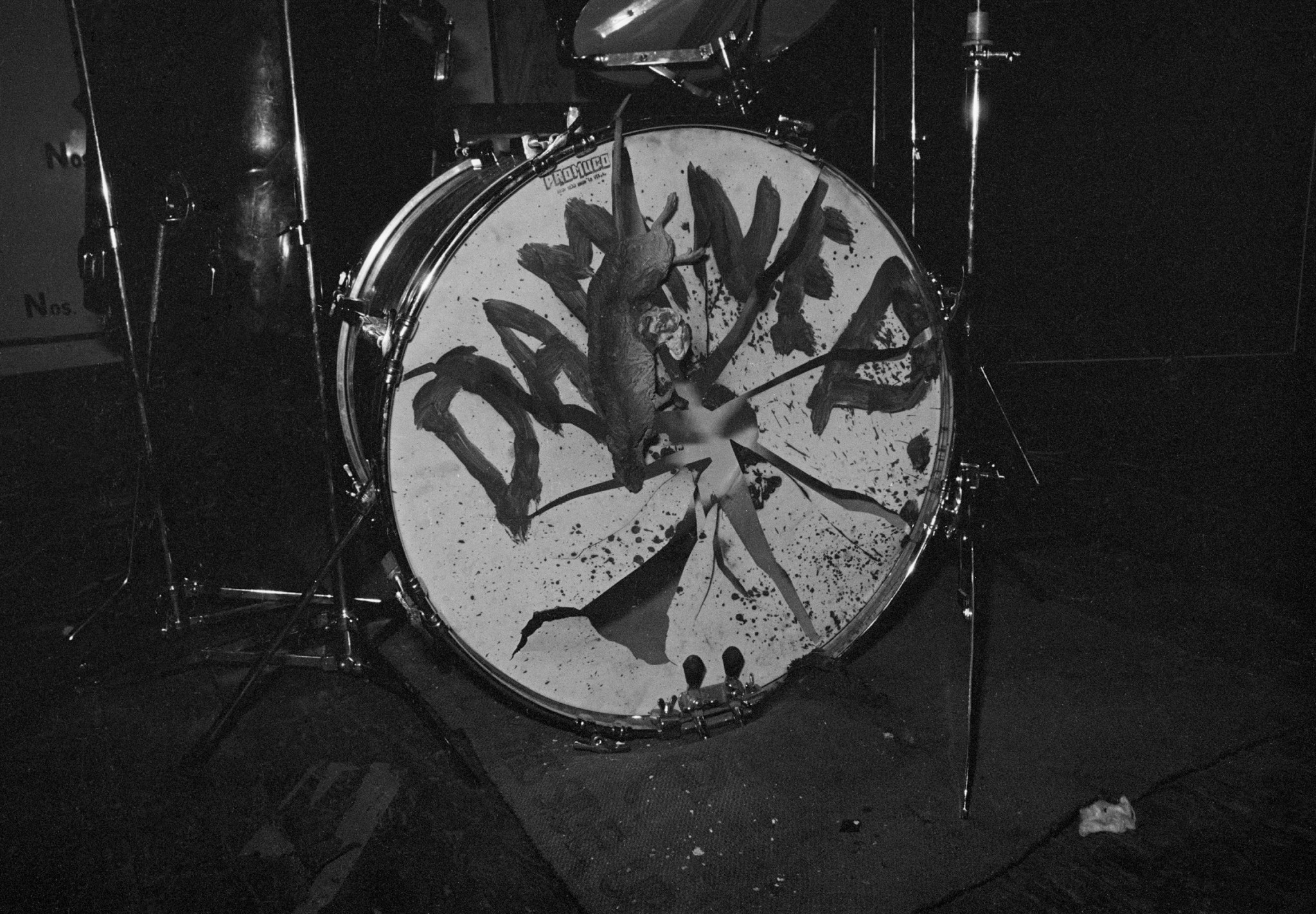 The Damned - Rat Scabies' drumkit live at the Hope & Anchor, London 1 January 1977 (c) John Ingham 1977